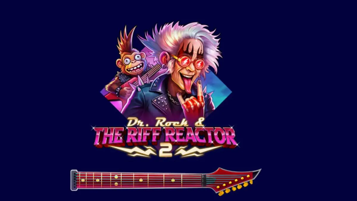 Dr. Rock & the Riff Reactor 2 slot game screen featuring neon rock concert theme