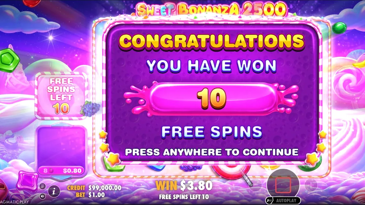 Tampilan visual cerah dan penuh permen dalam slot Sweet Bonanza 2500